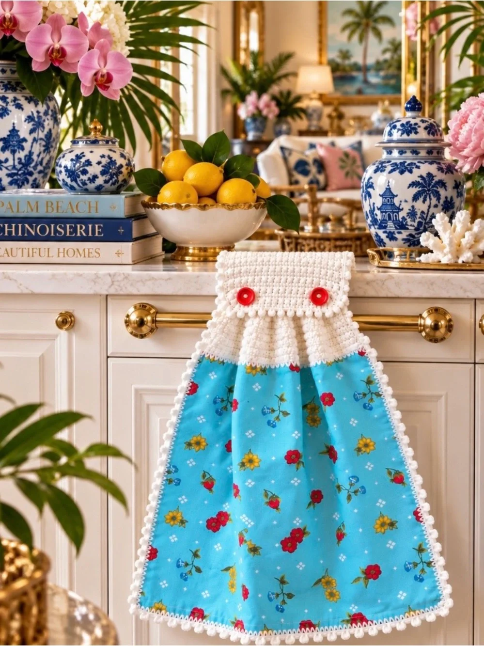 Pioneer Woman Tiffany Blue Floral Crochet Hanging Kitchen Towel